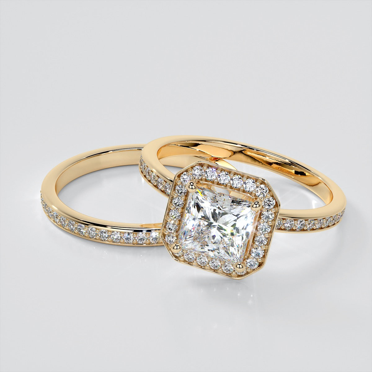 Princess Cut Pavé Style Halo Wedding Set With Accents