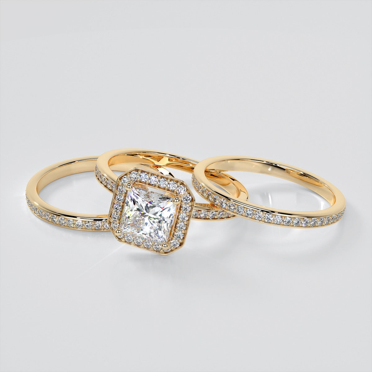 Princess Cut Pavé Style Halo Wedding Set With Accents