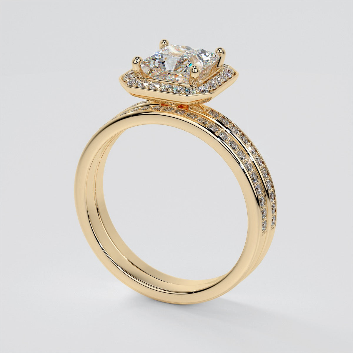 Princess Cut Pavé Style Halo Wedding Set With 2 Matching Bands