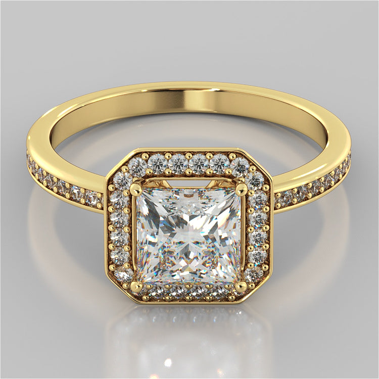 Princess Cut Pavé Style Halo Wedding Set With 2 Matching Bands