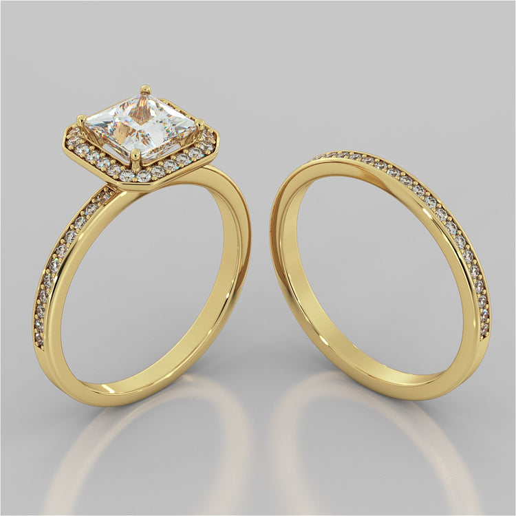 Princess Cut Pavé Style Halo Wedding Set With 2 Matching Bands