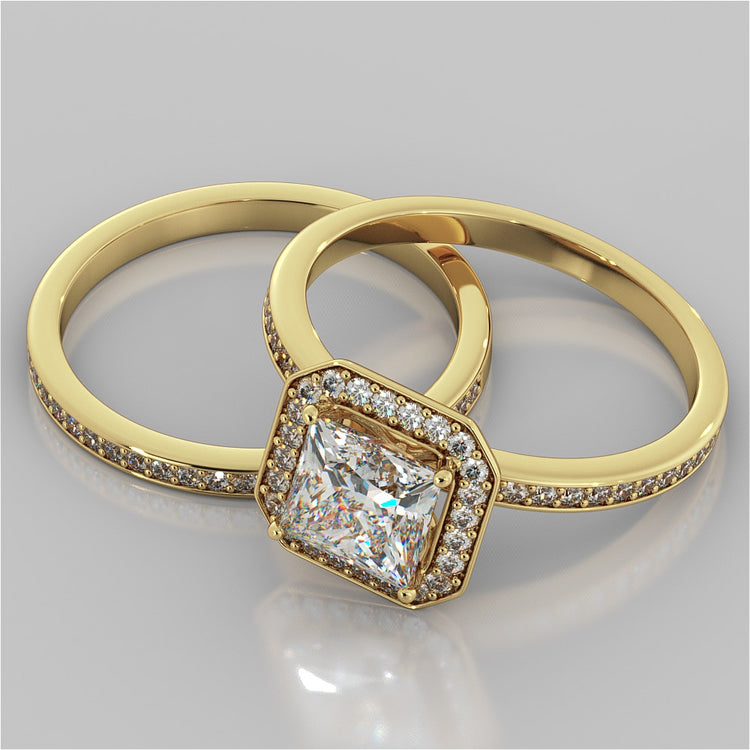 Princess Cut Pavé Style Halo Wedding Set With Accents