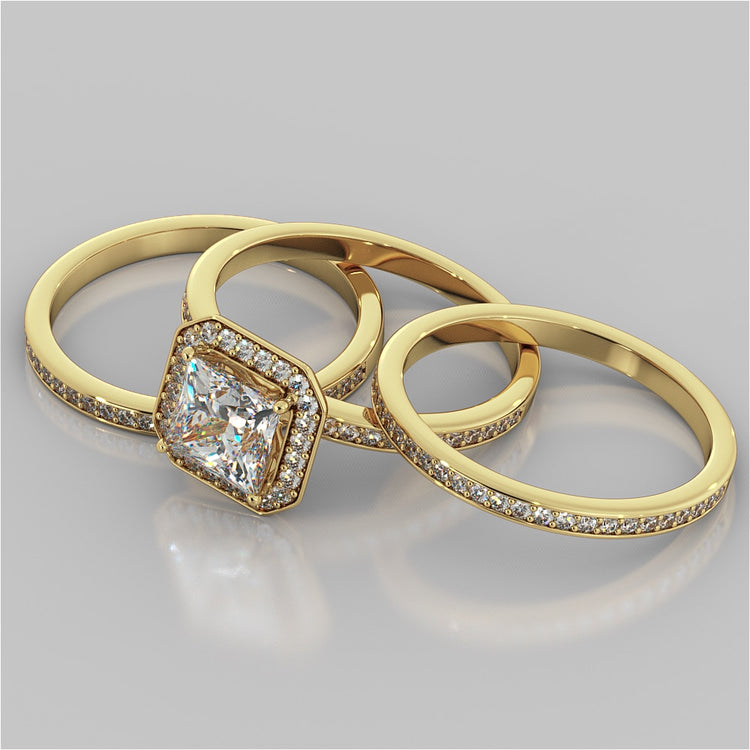 Princess Cut Pavé Style Halo Wedding Set With 2 Matching Bands