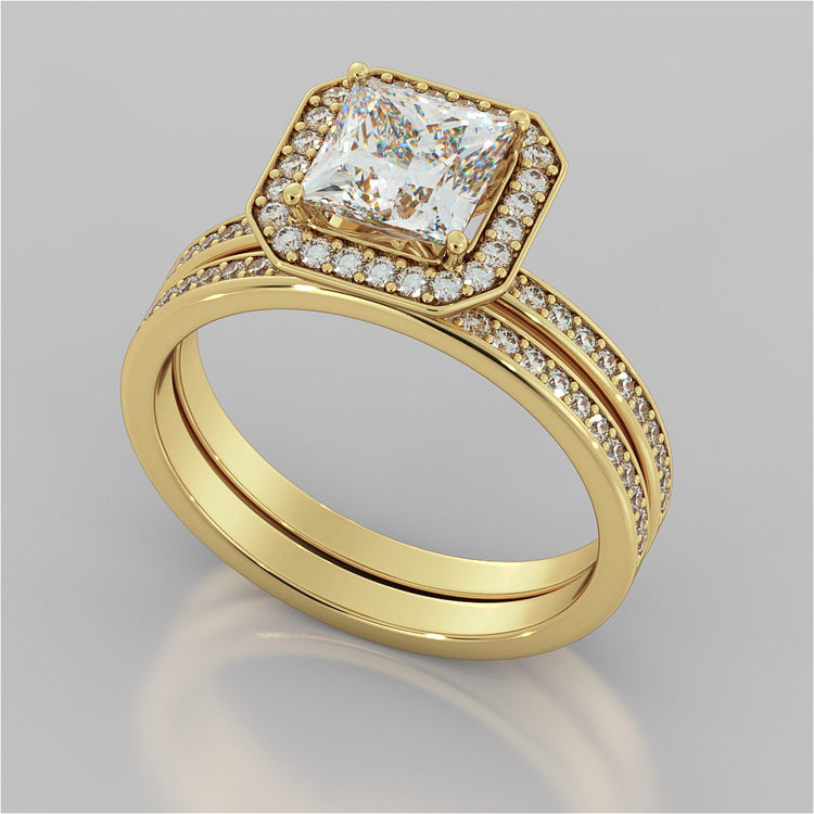 Princess Cut Pavé Style Halo Wedding Set With Accents