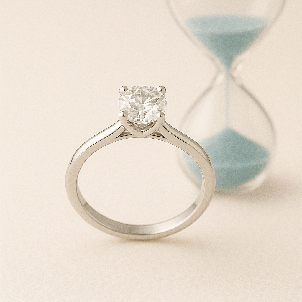 Diamond ring on a beige background with an hourglass in the background