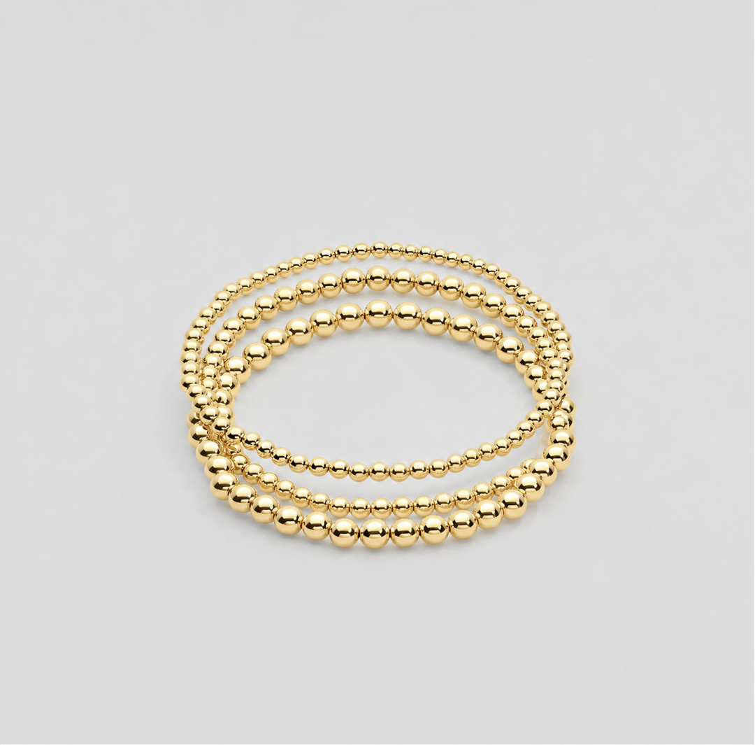 14K Yellow Gold-Filled Beaded Bracelet Stack – Stretch Gold Ball (Set of 3)