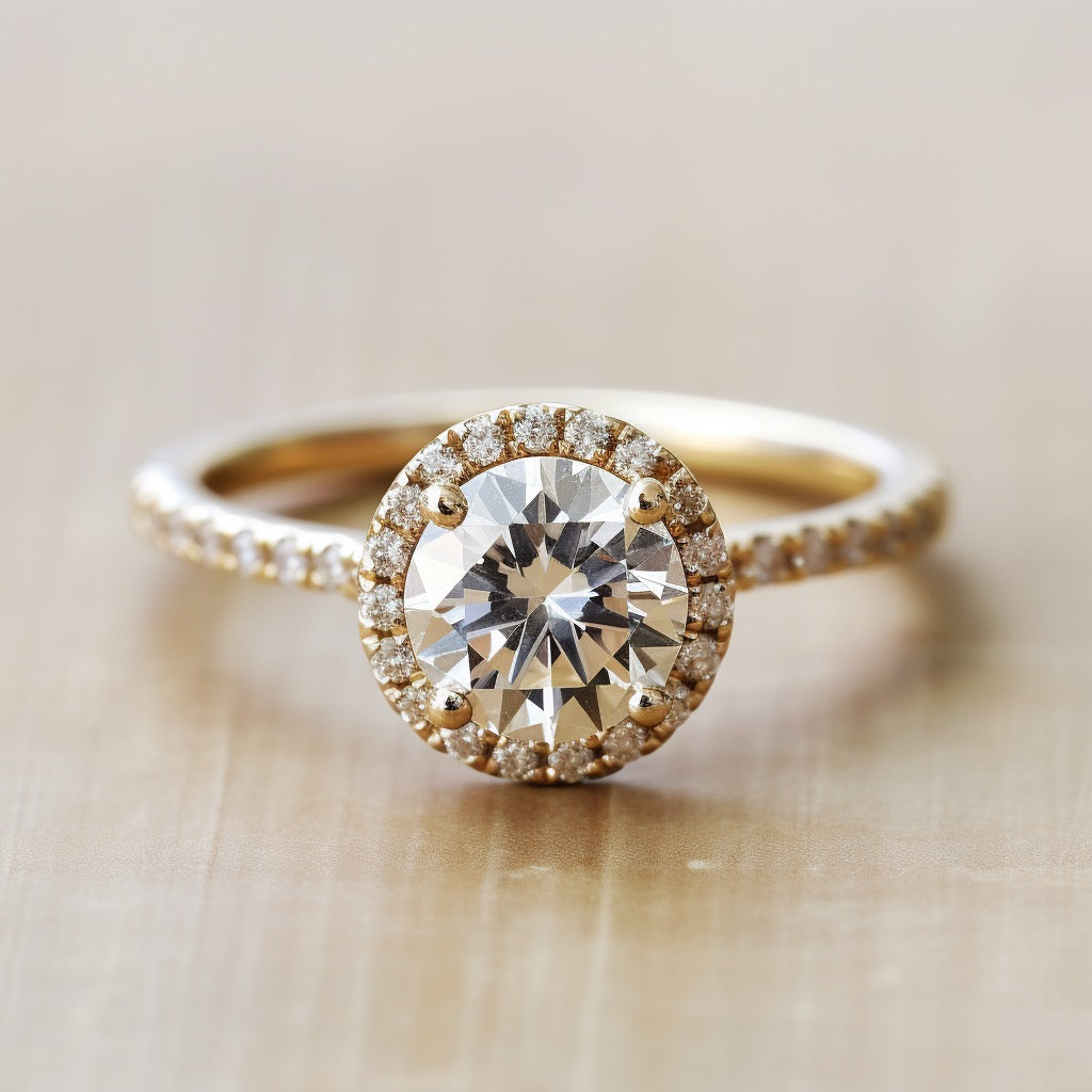 Gold ring with a diamond on a wooden surface