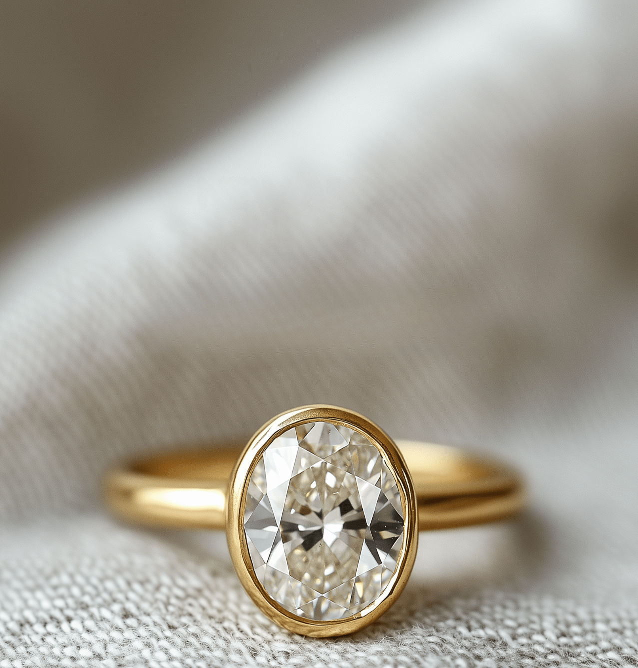 Gold ring with a diamond on a textured fabric background