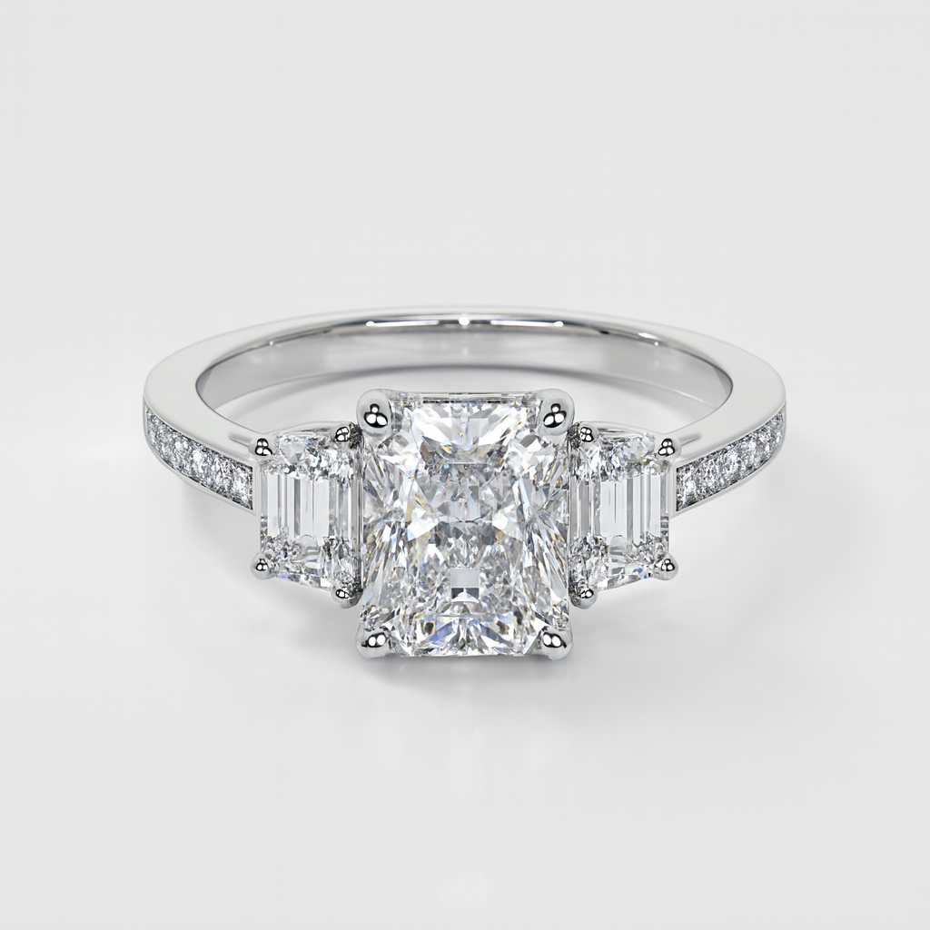Lab Grown Diamond Radiant Cut Three-Stone Engagement Ring With Trapezoids