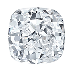 Clear gemstone with a cushion cut shape on a white background