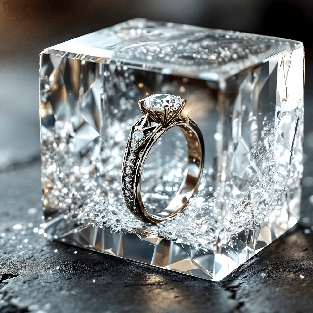 Gold ring with diamond on a large crystal block