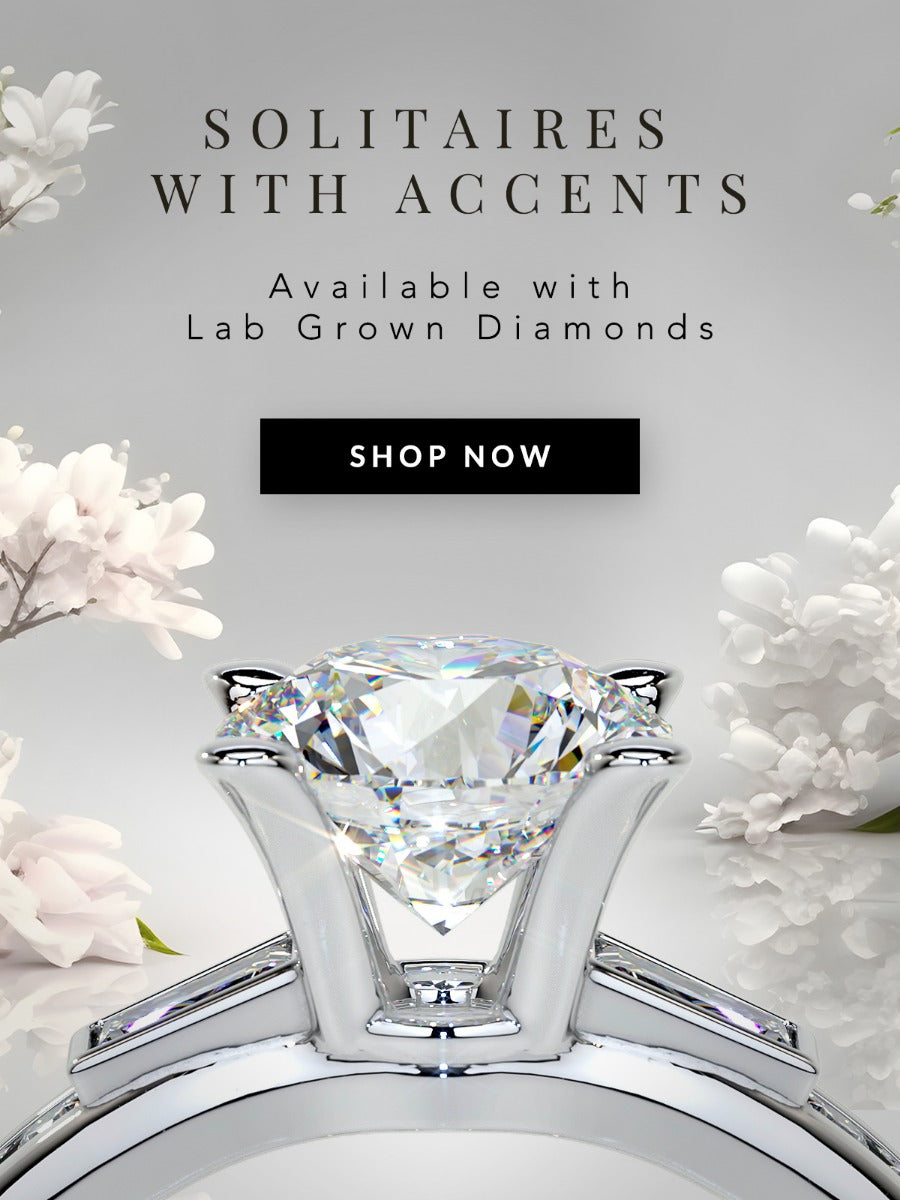 Diamond ring with flowers on a light gray background, featuring text about lab-grown diamonds.