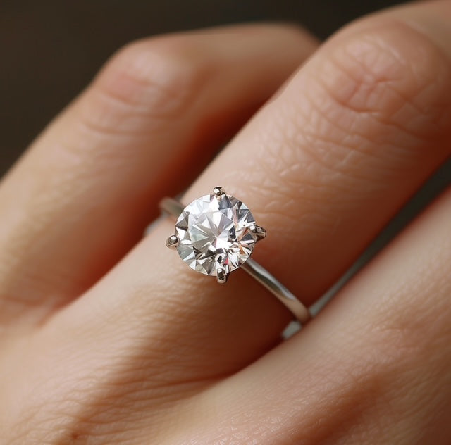 Silver ring with a large diamond on a hand against a dark background