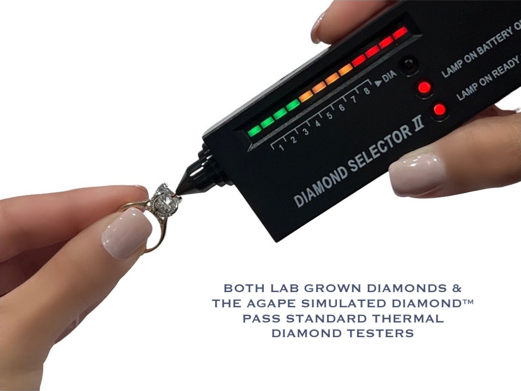 Diamond Selector II tester being used on a diamond with text about lab-grown and simulated diamonds.