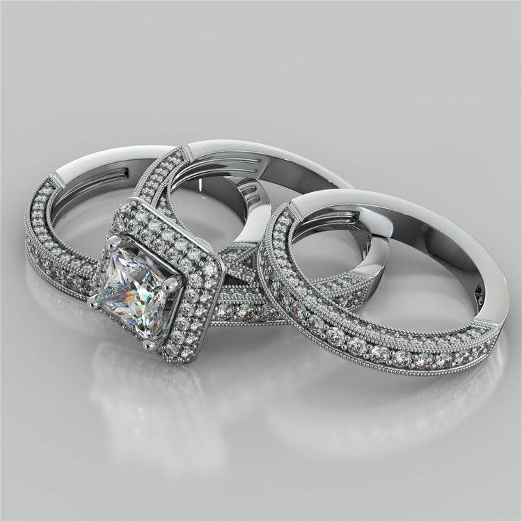 Vintage Crisscross Style Princess Cut Cathedral Trio Wedding Set