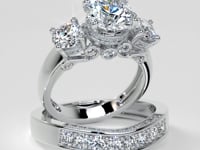 Designer Filigree Style Three-Stone Trio-Wedding Set with Round Accents