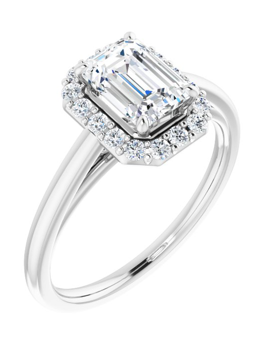 Diamond ring with emerald-cut center stone and halo on a white background
